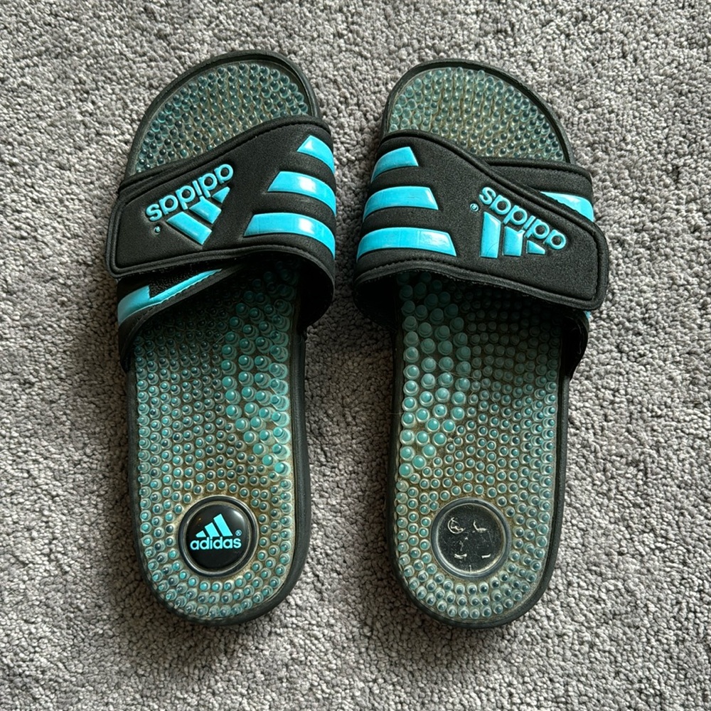 Blue and Black Adidas Slides
